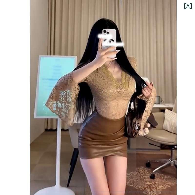 長袖カットソー レディース Vネック レース トップス インナー タイト ストレッチ...