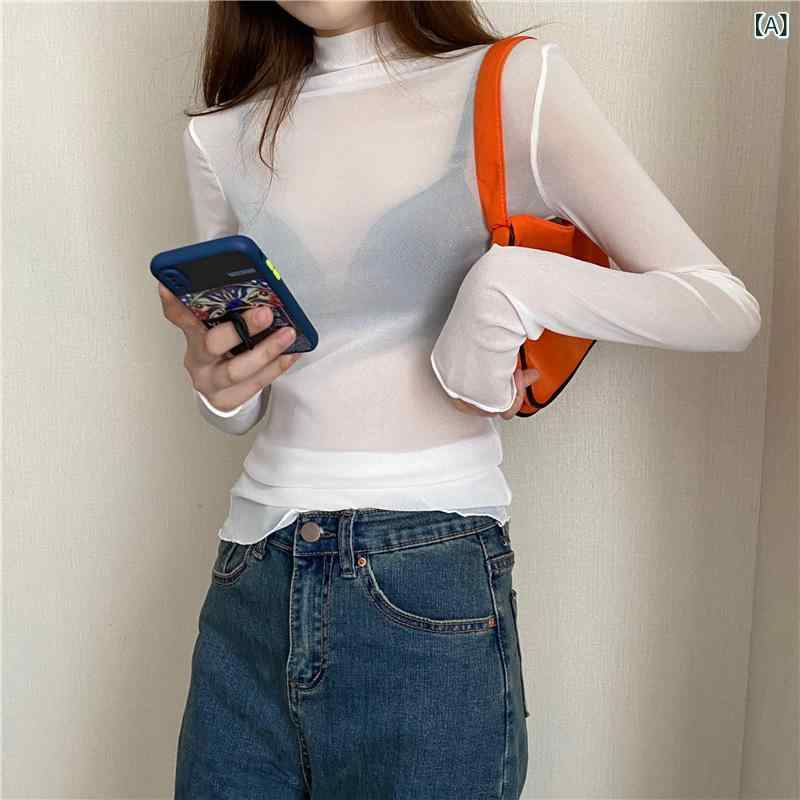 長袖カットソー レディース ハイネック レース インナー トップス メッシュ 秋冬 ...