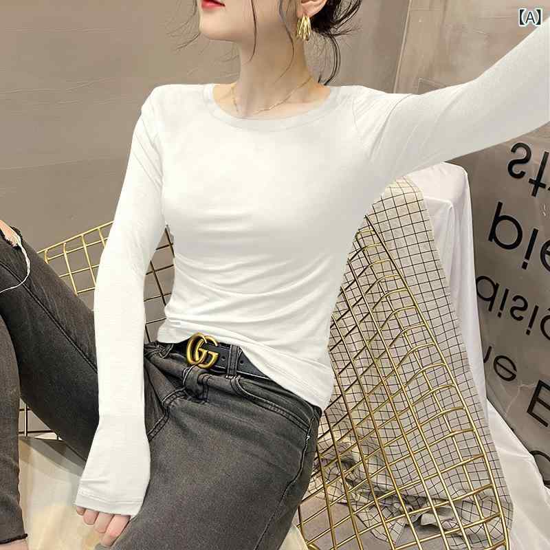 長袖Tシャツ レディース インナー モダール素材 ラウンドネック カットソー 薄手 ストレッチ タイト フィット感 無地 シンプル トップス レイヤード 重ね着 伸縮性 肌触り良い 普段使い 通学 オフィス 通勤 秋冬
