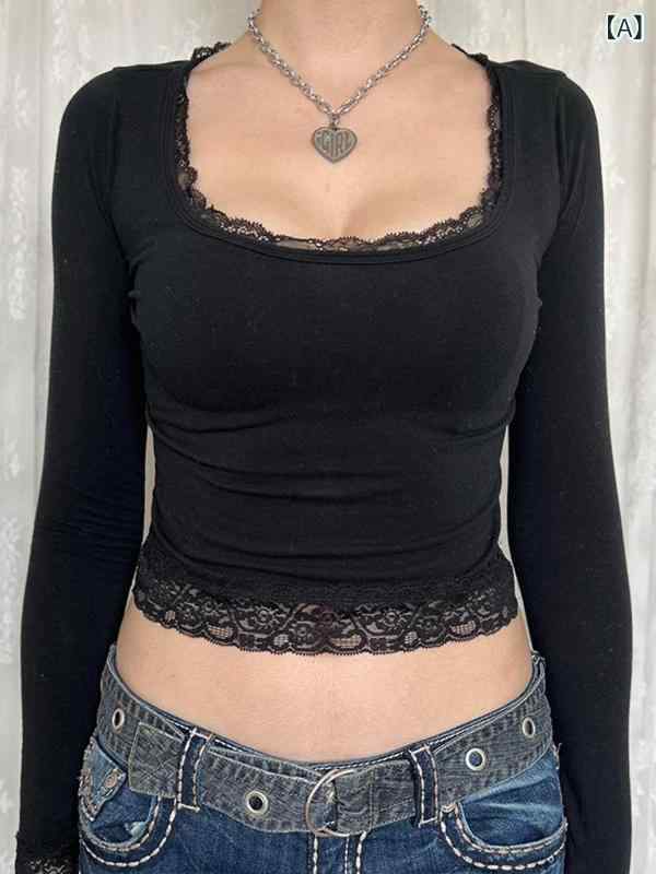 長袖Tシャツ レディース レース トップス Uネック 蝶々結び 異素材切替 スリムフィット インナー 重ね着 伸縮性 動きやすい