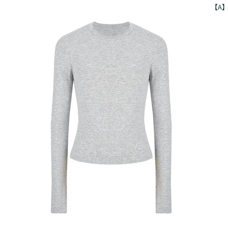 长内衣裤 - 長袖Tシャツ レディース 無地 カットソー ラウンドネック ストレッチ素材 タイトフィット スリムシルエット トップス 重ね着 インナーウェア 通気性抜群 オールシーズン シンプル きれいめ