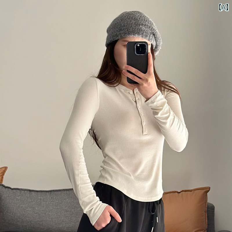 長袖Tシャツ レディース ヘンリーネック スリムフィット リブ素材 カットソー 秋冬 長袖 プルオーバー ボタン付き インナー 重ね着 伸縮性 タイト トップス 美シルエット 着回し 動きやすい