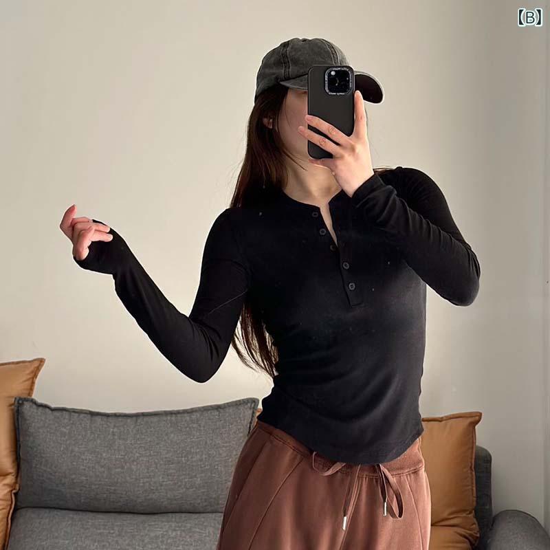 kbox楽天市場店の長袖Tシャツ レディース ヘンリーネック スリムフィット リブ素材 カットソー 秋冬 長袖 プルオーバー ボタン付き インナー 重ね着 伸縮性 タイト トップス 美シルエット 着回し 動きやすい｜アングル2