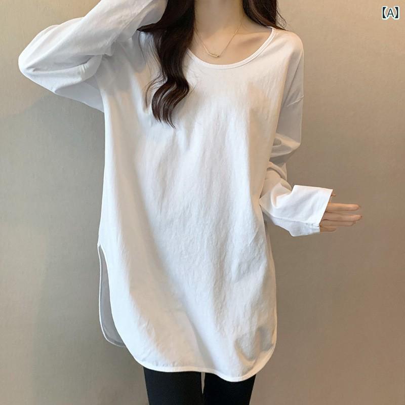 カットソー レディース 長袖 Tシャツ コットン素材 スリット入り Uネック インナー 重ね着風 ゆったり 体型カバー 無地 シンプル 動きやすい ロング丈 丈長め ロングスリーブ トップス 長そで クルーネック
