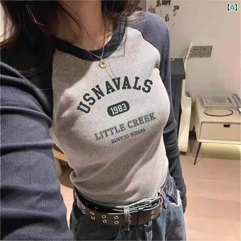 長袖Tシャツ レディース 配色ラグラン 切り替えTシャツ クルーネック 美シルエット ロゴプリント ストレッチ素材 インナー トップス 秋服 カジュアル 重ね着 通学 通勤 動きやすい