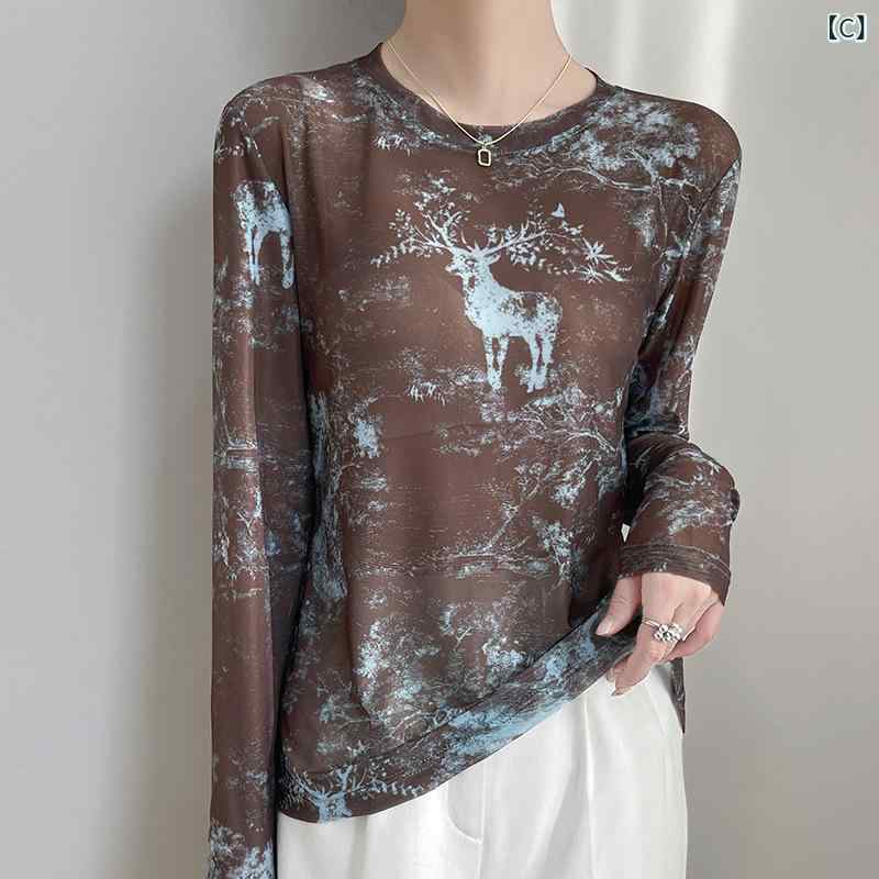 長袖Tシャツ レディース 水墨画風 プリント 透け感 メッシュ素材 カットソー 丸首 ...
