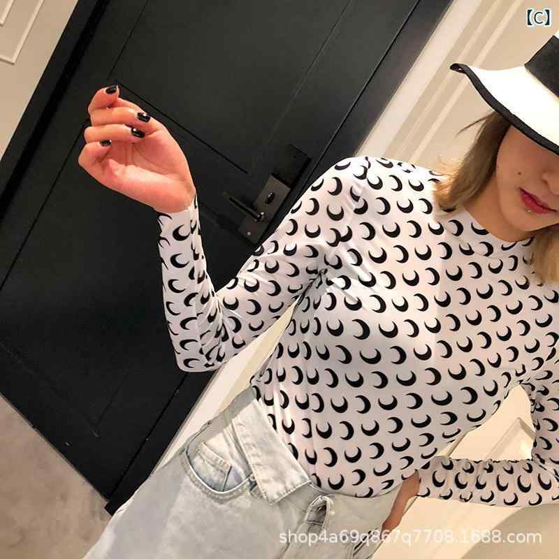 長袖Tシャツ レディース インナー カットソー 丸首 プリント柄 トップス 伸縮素材 ...