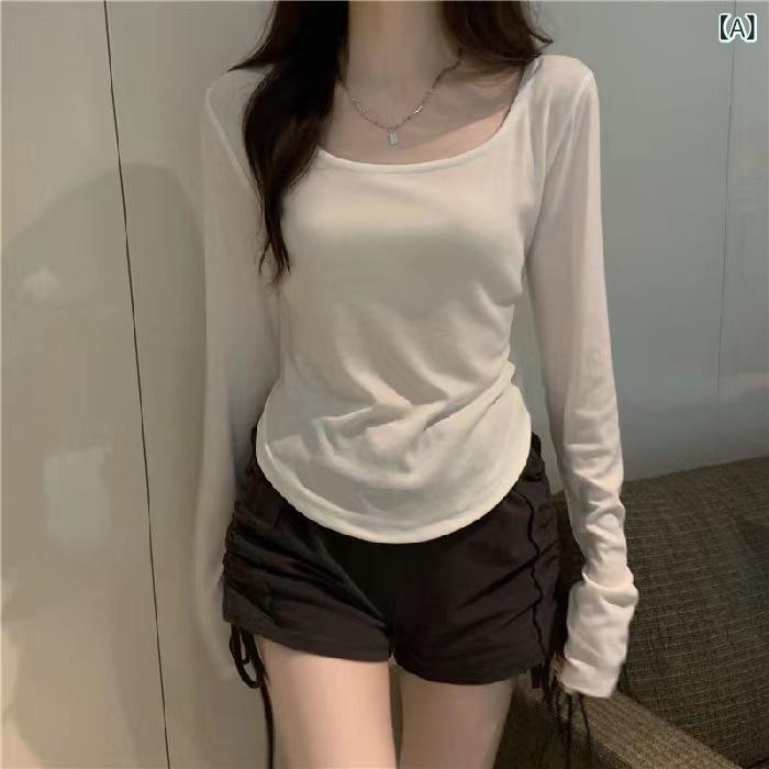 乐天商城 - Tシャツ レディース 長袖 Uネック 不規則裾 ショート丈 無地 カットソー トップス タイトシルエット インナー レイヤード 重ね着 シンプル おしゃれ スリムフィット 伸縮性 動きやすい 春秋 通勤 通学 カジュアル 普段着