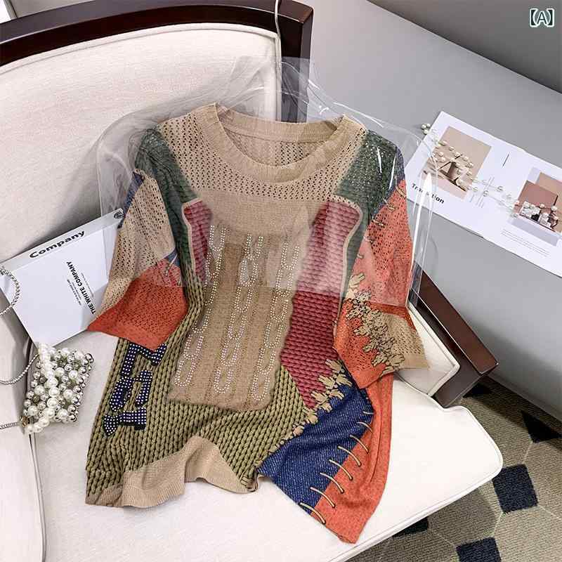 カットソー レディース 半袖 Tシャツ トップス ラインストーン きらきら 装飾 ゆったり 大きいサイズ クルーネック 華やか 体型カバー 着痩せ デイリー 普段着 通気性 動きやすい 快適着心地