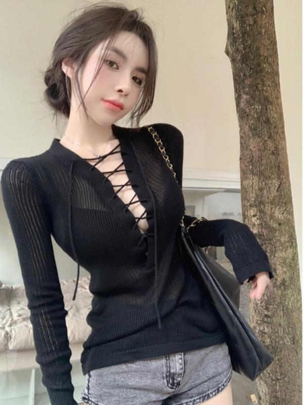 ニット レディース セクシー Vネック 長袖 トップス ショート丈 紐付き タイト 無...