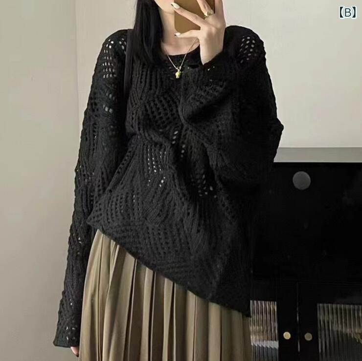 kbox楽天市場店のニット レディース サマーニット 透かし編み 長袖 クルーネック 菱形柄 トップス シアー素材 薄手 重ね着 紫外線対策 冷房対策 日焼け防止 インナー レイヤードスタイル 通気性抜群 サラリとした肌触り｜アングル2