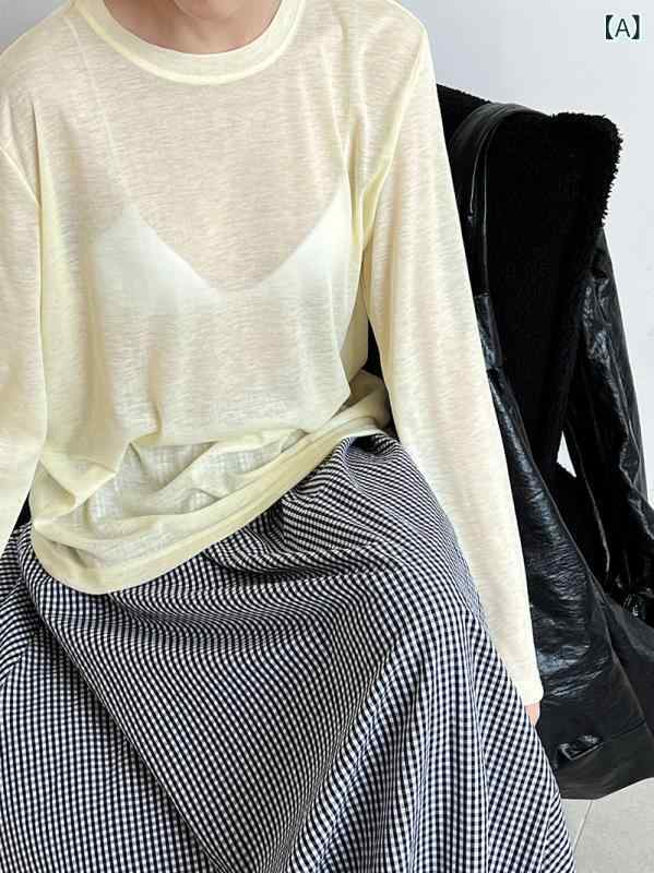 長袖Tシャツ レディース 薄手 トップス カットソー シアー素材 透け感 クルーネッ...