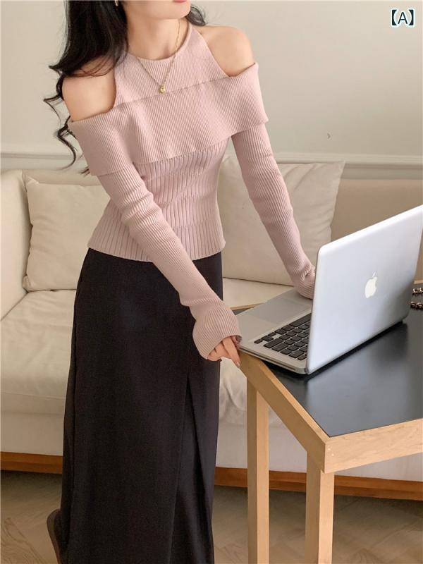 Rakuten - カットソー レディース 長袖 トップス オフショルダー タイト リブニット 無地 セクシー ストレッチ 伸縮性 フィット感 プルオーバー 重ね着風 春秋 デート服 インナー カジュアル おしゃれ シンプル