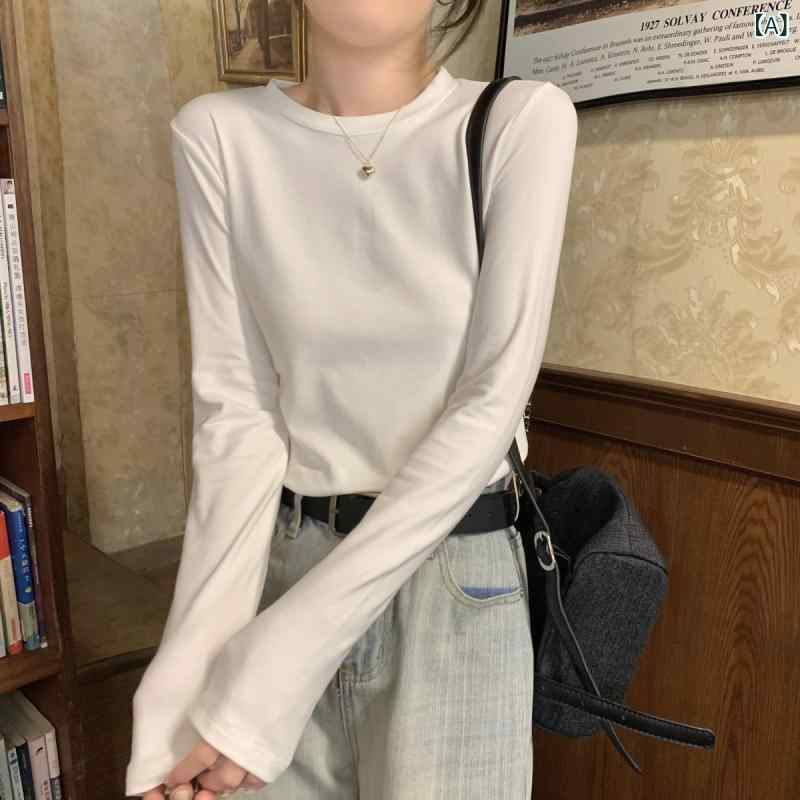 長袖Tシャツ レディース インナー カットソー トップス コットン混素材 ラウンドネック スリムシルエット 無地 重ね着 秋冬 春先 きれいめ シンプル 体型カバー 動きやすい ストレッチ インナーウェア