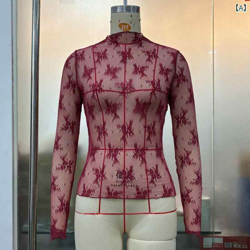 ブラウス レディース レース トップス カットソー 長袖 透け感 花柄 シースルー インナー 重ね着 セクシー 薄手 インナーウェア エレガント 伸縮性 きれいめ 重ね着しやすい おしゃれ 通勤 通学