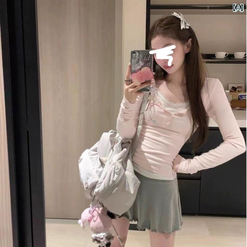 長袖Tシャツ レディース インナー レース 切り替え フェイクレイヤード トップス ...