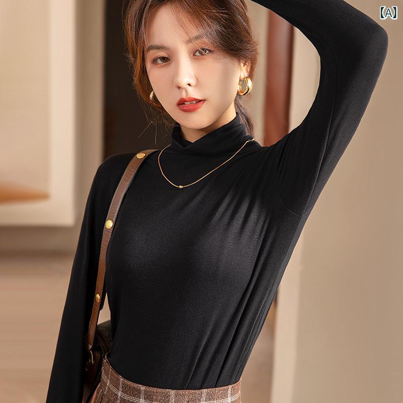 長袖Tシャツ レディース 無地 ハイネック インナー カットソー 秋服 トップス 長袖 シンプル 重ね着 暖かい 保温性 秋物 ベーシック 防寒 防風 伸縮性 薄手 動きやすい 普段使い