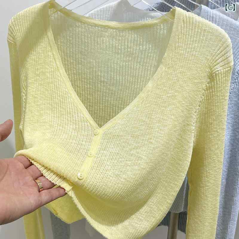 kbox楽天市場店のニットカーディガン レディース 薄手 サマーニット 羽織り トップス コットン混素材 長袖 ショート丈 無地 前開き 日焼け防止 冷房対策 紫外線カット 軽い 通気性 重ね着 使いやすい 春夏秋｜アングル3