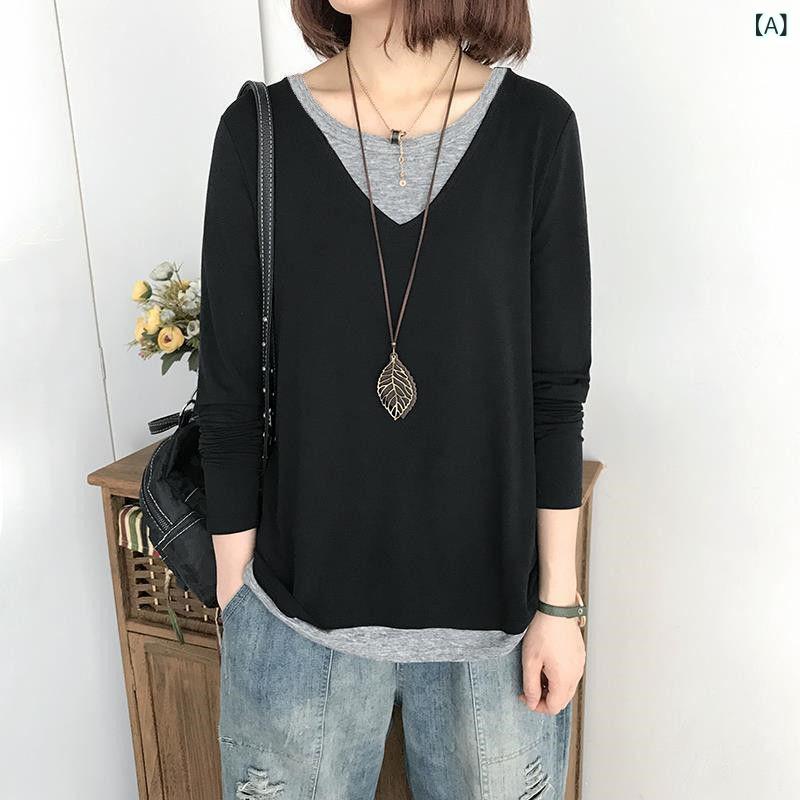 長袖Tシャツ レディース 重ね着風 カットソー 切り替え カジュアル トップス インナー 異素材ドッキング 動きやすい 秋 春 通年 通勤 通学 長袖Tシャツ 重ね着風 フェイクレイヤード