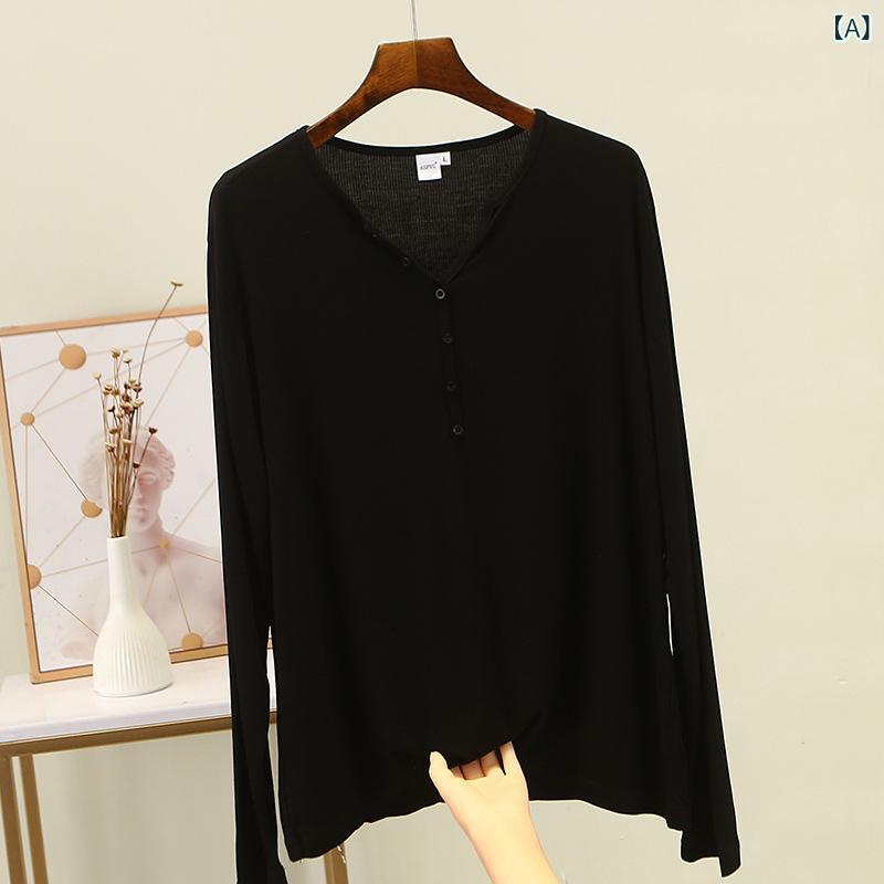 長袖Tシャツ レディース 無地 ストレッチ フィット感 コットン素材 ボタン付き シンプル インナー トップス 大きいサイズ 体型カバー 着回し 重ね着 カジュアル 普段着 動きやすい