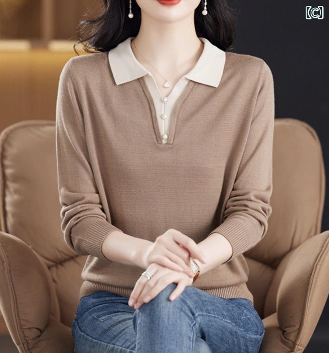 kbox楽天市場店の長袖Tシャツ レディース シルク調カットソー 翻領 トップス 薄手 ニットインナー 伸縮性 通気性 肌触り良い カジュアル きれいめ 無地 快適着心地 婦人服 シニア向け 春秋用 オールシーズン｜アングル3