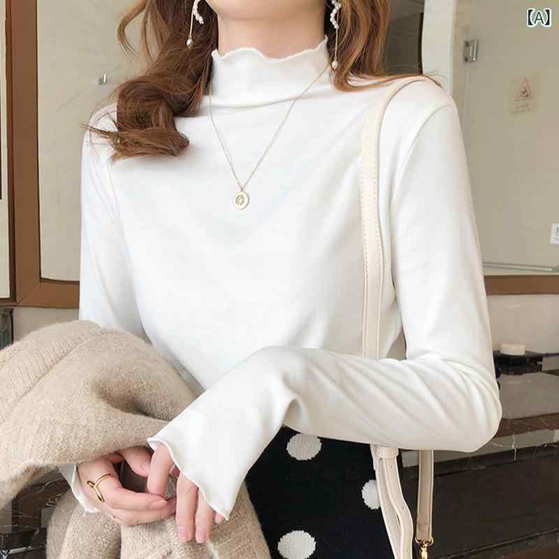 長袖カットソー レディース トップス ハイネック インナーシャツ メロウフリル 保温性 ストレッチ素材 秋冬 重ね着 無地 シンプル デイリー 伸縮性が高く体にフィットし動きやすい設計のあったかトップス