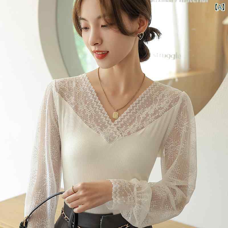 長袖Tシャツ レディース インナー カットソー Vネック レース トップス 重ね着 カジュアル シンプル 無地 透け感 伸縮性 通気性 肌触り良い フィット感 インナーウェア 重ね着コーデ 通勤 通学 普段着