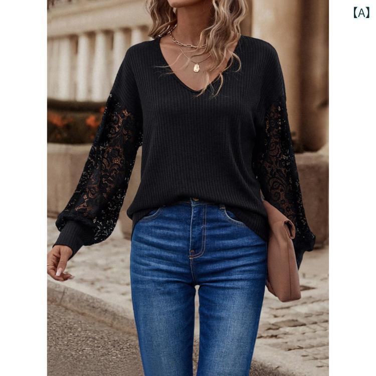 長袖Tシャツ レディース 無地 レース袖 プルオーバー カットソー ゆったり トップス 異素材切り替え カジュアル 体型カバー 着痩せ お出かけ 通勤通学 普段着 インナー 重ね着 動きやすい