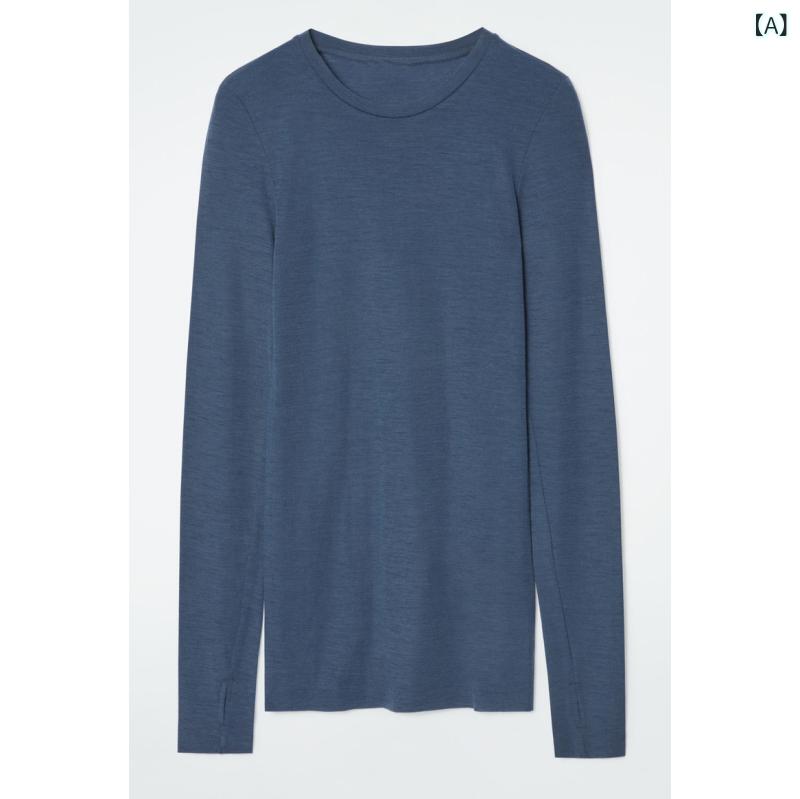 長袖Tシャツ レディース 指穴付き トップス カットソー クルーネック 無地 インナー シンプル タイト シルエット 指を通せる レイヤード 重ね着 伸縮性 動きやすい 秋冬 春 オールシーズン