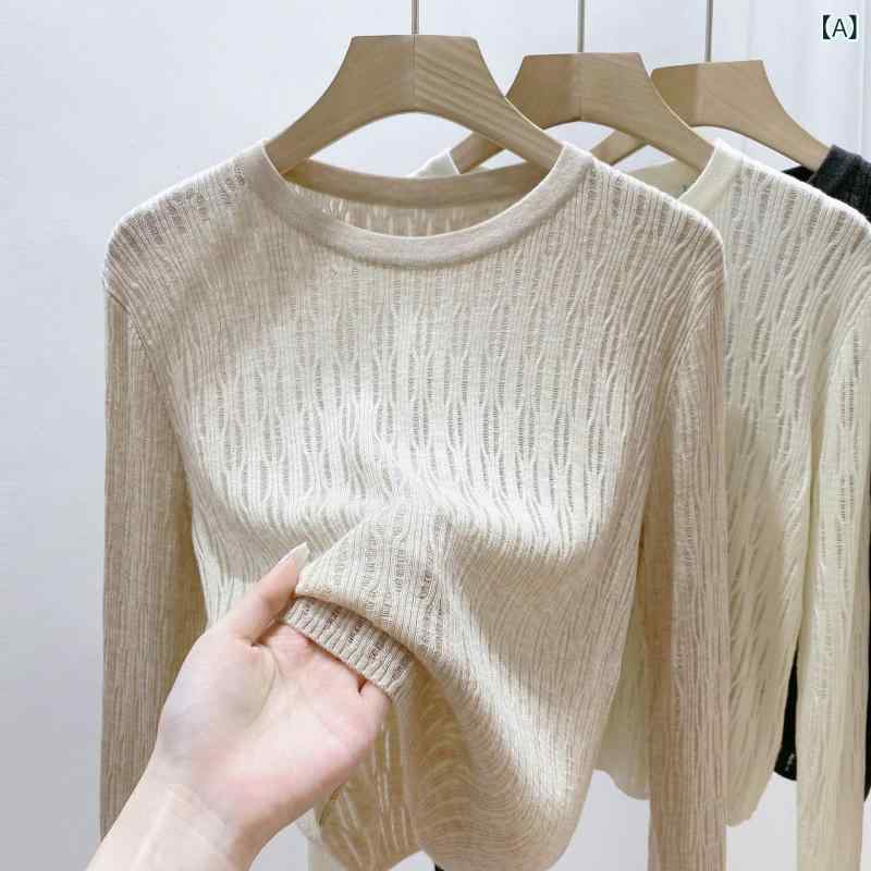 ニット レディース 長袖 トップス 透かし編み セーター プルオーバー クルーネック 薄手 秋服 重ね着 インナー 通気性 ゆったり オフィス デイリー コーデしやすい 柔らかい肌触り 体型カバー 着回し 秋冬