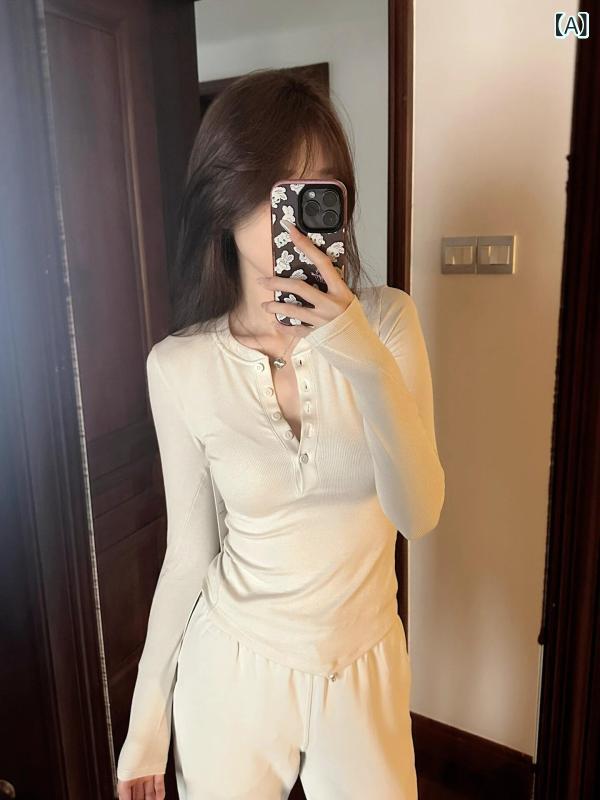 長袖Tシャツ レディース ヘンリーネック ストレッチ素材 フィット感 トップス 春秋 カットソー スリムシルエット 伸縮性 動きやすい インナー ヨガウェア スポーツウェア 無地 シンプル カジュアル