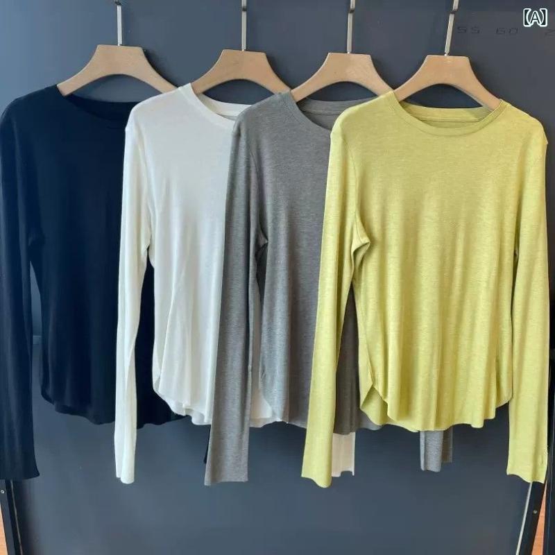 長袖Tシャツ レディース インナー カットソー ラウンドネック トップス シルク混 レーヨンスムース 肌触り抜群 柔らかい 通気性 着回し シンプル 無地 重ね着 インナーウェア ロングスリーブ 快適設計 通勤 通学
