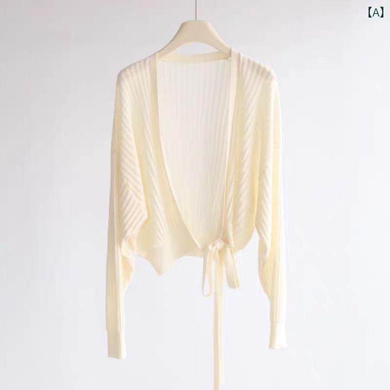 Long Bodysuits - カーディガン レディース 長袖 ニット 無地 紐付き 薄手 通気性 柔らかい 羽織り トップス 冷房対策 重ね着 着回し 日よけ アウター 通勤 通学 軽い着心地 シアー感のある素材で春夏の重ね着に最適