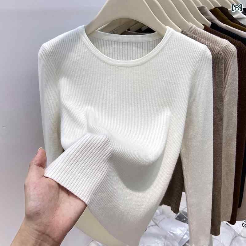 kbox楽天市場店のニット レディース 長袖 トップス リブ編み セーター クルーネック プルオーバー インナー タイトフィット ストレッチ 伸縮性 秋冬 シンプル 無地 体のラインを拾いにくい 動きやすい お出かけ｜アングル2