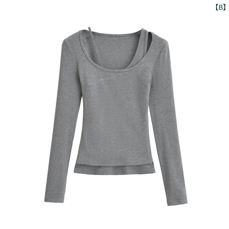 長袖Tシャツ レディース カットソー 肩出し トップス コットン混 ストレッチ素材 インナー スリムフィット 重ね着風 春秋冬 無地 伸縮性 収納しやすい お出かけ 通勤 デイリー 動きやすい おしゃれ