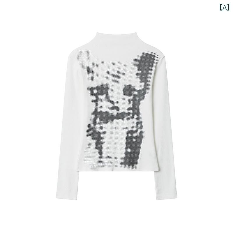 Tシャツ レディース 長袖 カットソー 猫柄 プリント トップス ラウンドネック イン...