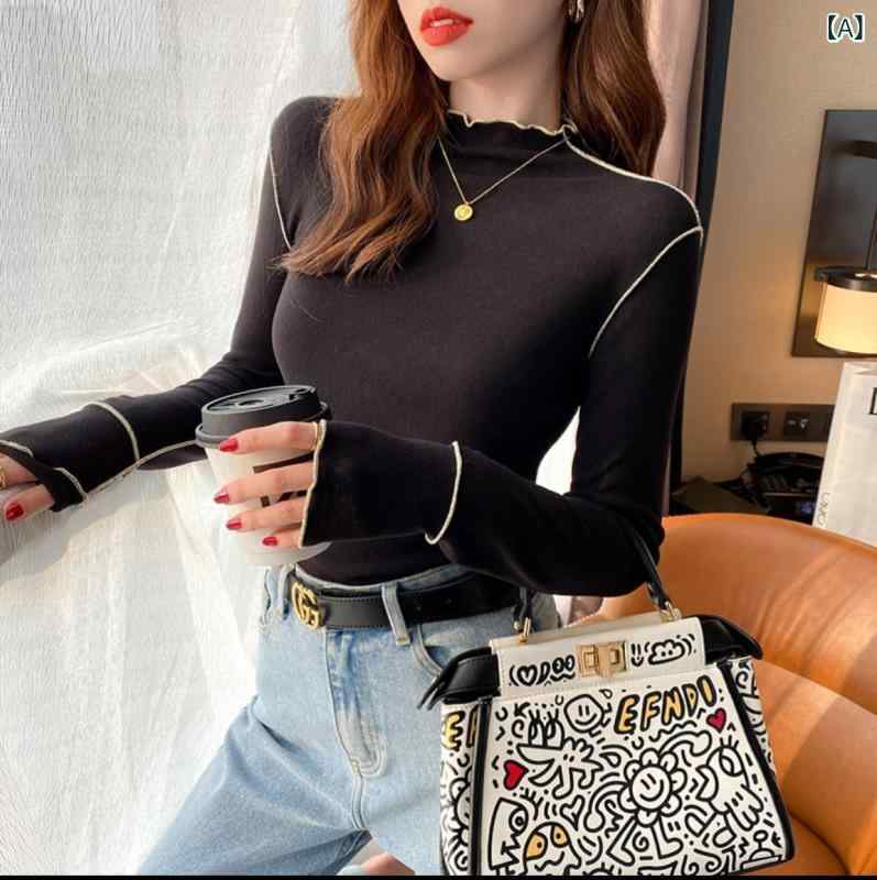 長袖Tシャツ レディース インナー カットソー メロウフリル リブ素材 ストレッチ ...
