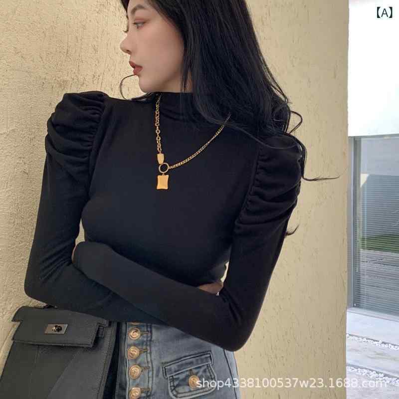 长内衣裤 - カットソー レディース 長袖 トップス ハイネック インナー Tシャツ スリムフィット プルオーバー 泡泡袖 伸縮性 タイト 着回し 重ね着 ロングスリーブ 無地 シンプル 動きやすい 通勤 オフィス