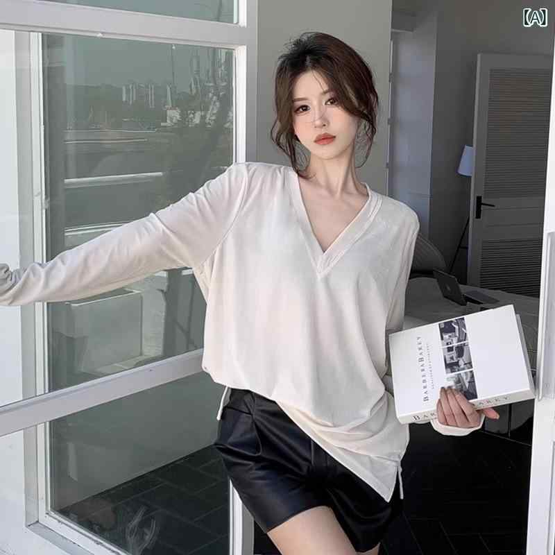 長袖Tシャツ レディース ベロア調 Vネック トップス カットソー 秋冬 厚手 インナ...