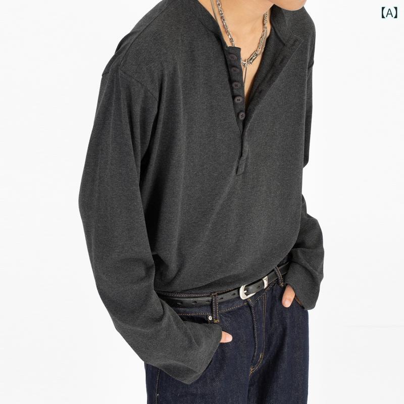 Tシャツ メンズ レディース ヘンリーネック 長袖 トップス カットソー コットン混 無地 シンプル カジュアル ゆったり 体型カバー 重ね着 動きやすい インナー 秋冬 ロングスリーブ 柔らかい 快適