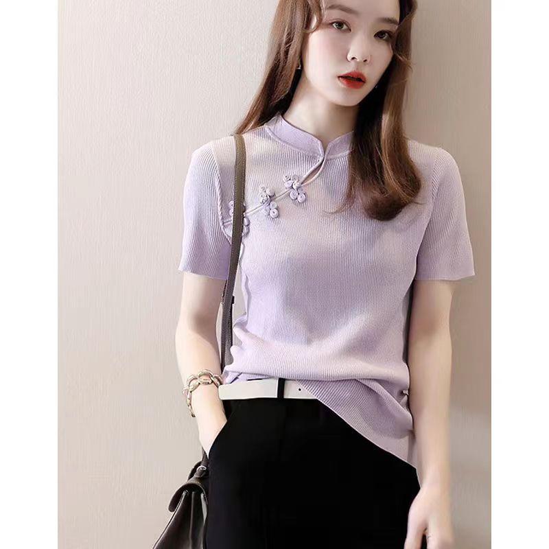 Tシャツ レディース チャイナ風 襟付き ボタン装飾 薄手 半袖 半袖トップス 伸縮性...
