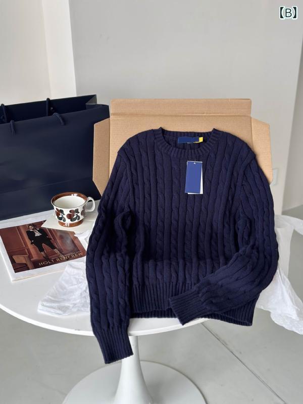 ニット レディース セーター ケーブル編み クルーネック 長袖 コットン混 刺繍入り...