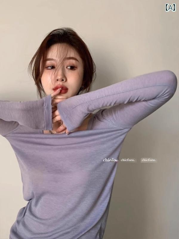 ニット レディース 長袖 トップス 薄手 リブ編み クルーネック 無地 インナー 秋服 インナーカットソー シンプル ストレッチ性 タイトフィット 着回し スリム フィット感 伸縮性 普段着 通学 オフィス 重ね着