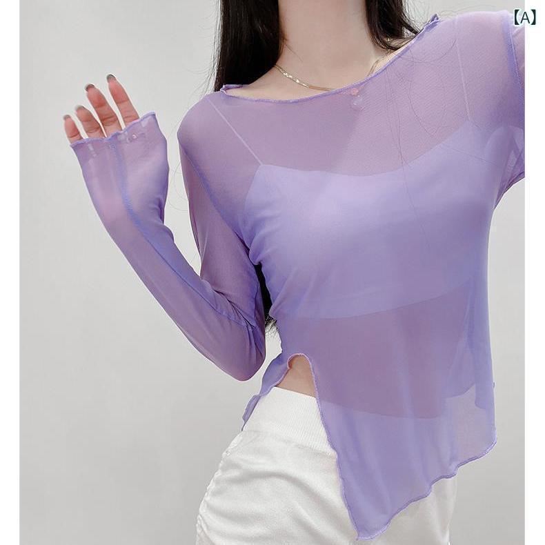 長袖Tシャツ レディース シースルー トップス カットソー 薄手 透け感 レース素材 防紫外線 日焼け対策 インナー 重ね着 動きやすい 快適 ストレッチ性 通気性 肌触り柔らか 春夏秋 ブラック