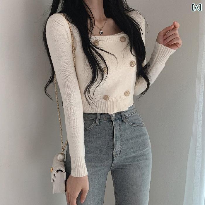 ニット レディース 長袖 カットソー スクエアネック ボタン トップス 無地 シンプル タイト シルエット 秋服 おしゃれ 着回し 重ね着 インナー コンパクト 伸縮性 動きやすい 柔らかな肌触り 通勤 通学