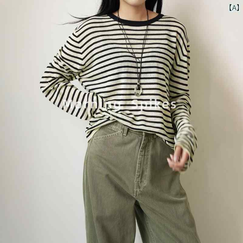 長袖Tシャツ レディース ボーダー ストライプ カットソー トップス リネン混 ゆったり フィット カジュアル 重ね着風 春秋 シンプル クルーネック 体型カバー おしゃれ 大人 ベーシック 動きやすい