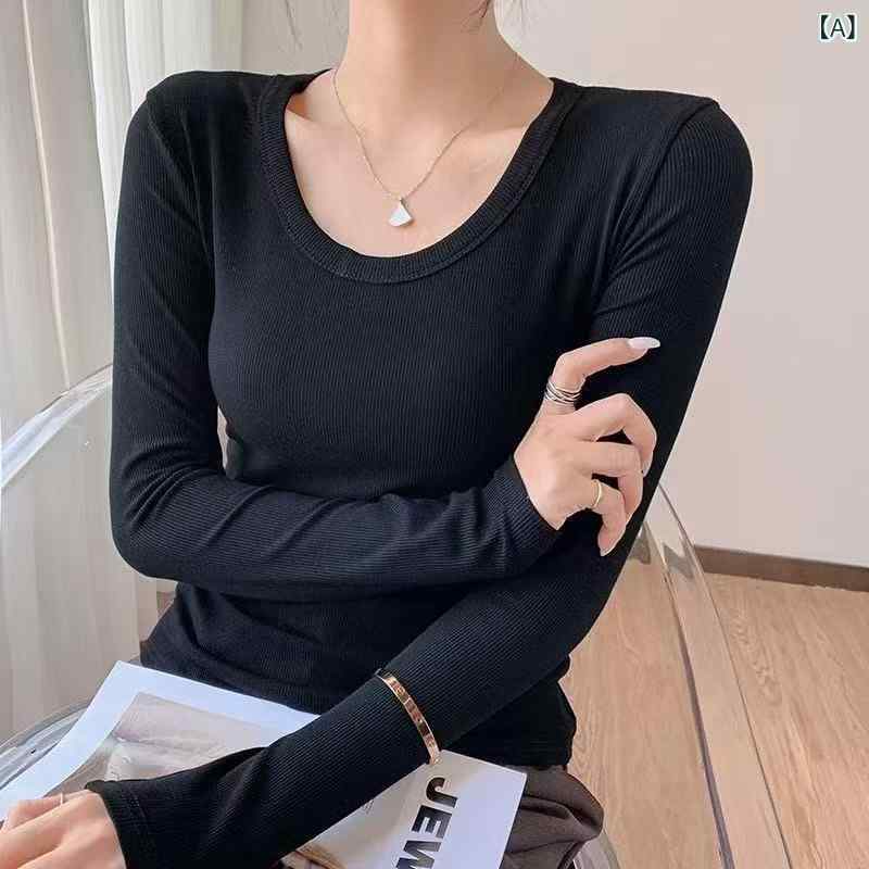 Tシャツ レディース 長袖 Uネック リブ カットソー 無地 タイト インナー トップス...