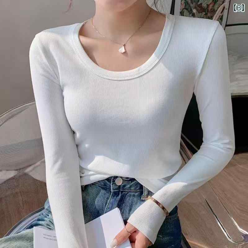Tシャツ レディース 長袖 Uネック リブ カットソー 無地 タイト インナー トップス...