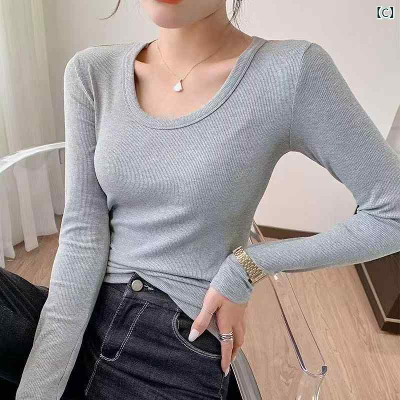 Tシャツ レディース 長袖 Uネック リブ カットソー 無地 タイト インナー トップス...