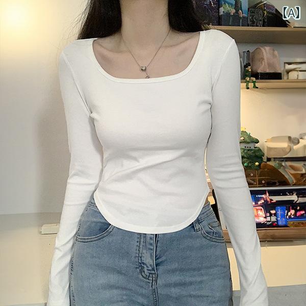 长内衣裤 - 長袖Tシャツ レディース 無地 カットソー スクエアネック トップス タイトフィット インナー 重ね着 伸縮性 動きやすい 春秋 普段着 デイリー使い シンプル 着回し 長袖 インナーシャツ ベーシック